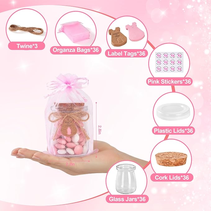 36 Pcs Baby Shower Party Favors for Guests, Baby Shower Gifts for Guest, 3.4 oz Small Glass Mason Jars with Cork Lids, Stickers, Label Tags, Twine, Organza Bags, Mini Candy Jar Favors for Girls