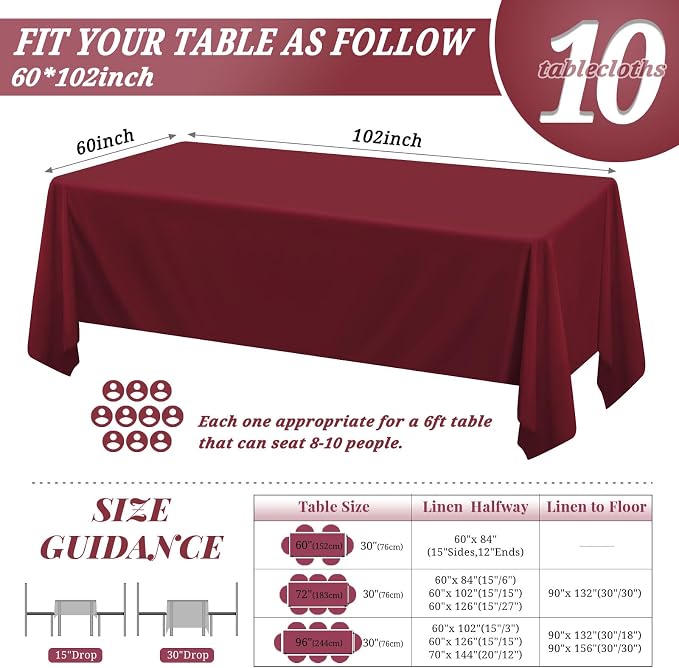 10 Pack 60 x 102 Inch Rectangle Tablecloth, Burgundy Tablecloth for 6 Feet Rectangle Tables, Stain and Wrinkle Resistant Washable Fabric Table Cloth for Wedding Dining Table Buffet Parties Camping