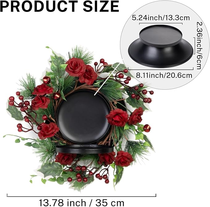 MOYEE Christmas Winter Centerpieces for Tables Candle Ring, Black Metal Candlestick with an Artificial Wreaths 14 in Versatile Dining Table Centerpiece Decor (Rose Wreath)