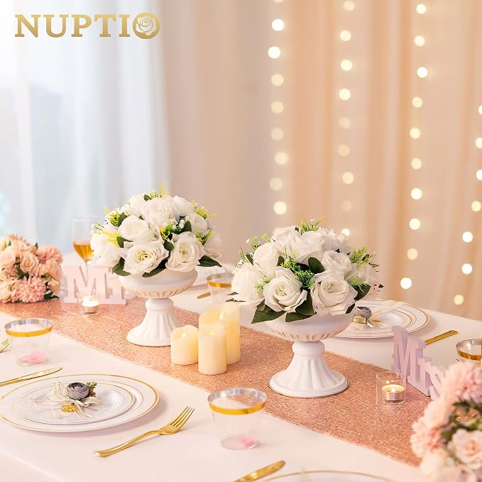 NUPTIO White Flower Centerpieces for Wedding Tables, Artificial Flower Ball | 2 Pcs 9.5 inch, Fake Floral Rose Arrangement for Birthday Party, Bridal Shower, Quinceanera Decorations