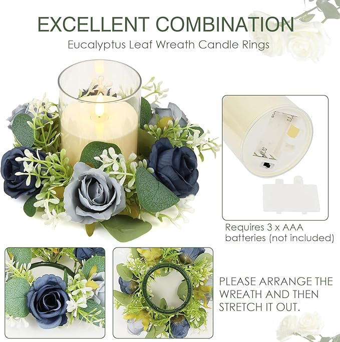 Blue Rose Candle Rings with Flameless Candles Sets - 24PCS Artificial Flower Eucalyptus Wedding Centerpiece 3 Inch Pillar Candleholders Wreaths for Wedding Party Decor (Blue - 12 Sets)