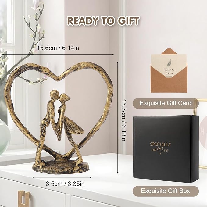 Anniversary Wedding Gift for Her Wife Husband Couple，Antique Golden Metal Couple Figurine Heart Sculpture Love Statue，Romantic 1st to 60th Anniversary,Includes Gift Box and Gift Card，Valentines Gifts