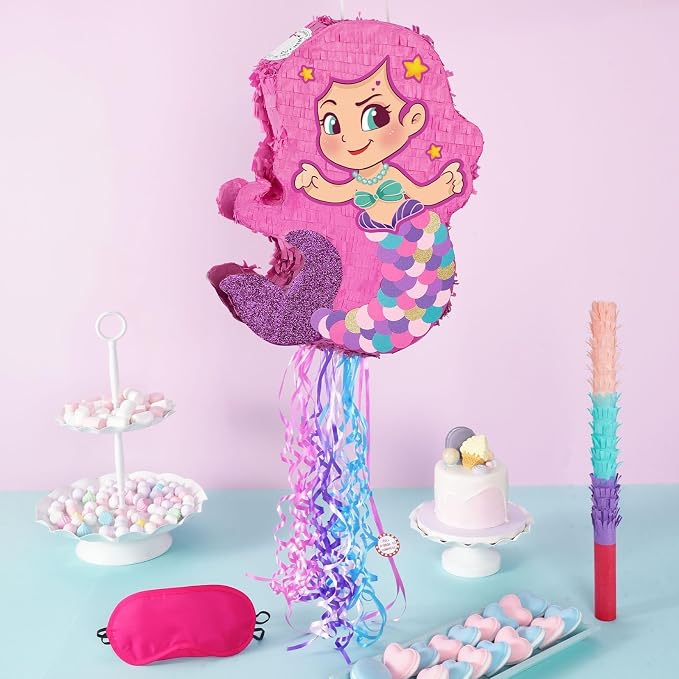 WERNNSAI Foldable Mermaid Piñata - Pull String Mermaid Birthday Party Supplies with Blindfold Bat and Tassels Party Decoration Folding Girl Piñatas for Game