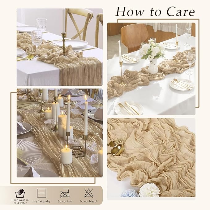 10 Pack Beige Cheesecloth Table Runner 17x108 Inch Semi Sheer Boho Rustic Gauze Cheese Cloth Table Runners for Wedding Party Birthday Baby Shower Home Décor