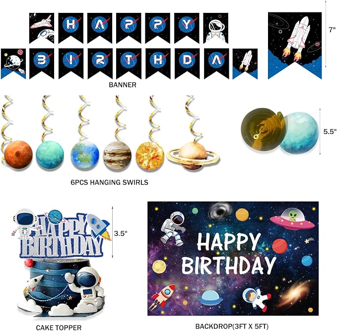 Hombae Outer Space Birthday Party Decorations, Space Themed Party Supplies with Balloons, Backdrop, Dinner & Dessert Plates, Banner, Tablecloth, Cups, Napkins, Cutlery for Kids Birthday