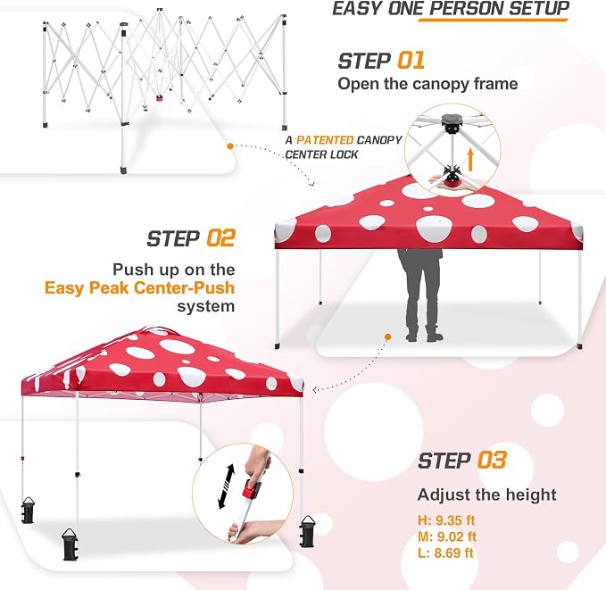 EAGLE PEAK Pop Up Canopy Tent with Wheeled Carry Bag, 8 Stakes, 4 Ropes, 4 Weight Bags, Easy Set Up Tent Canopy, 10x10 ft, 100sqft of Shade, Red Mushroom