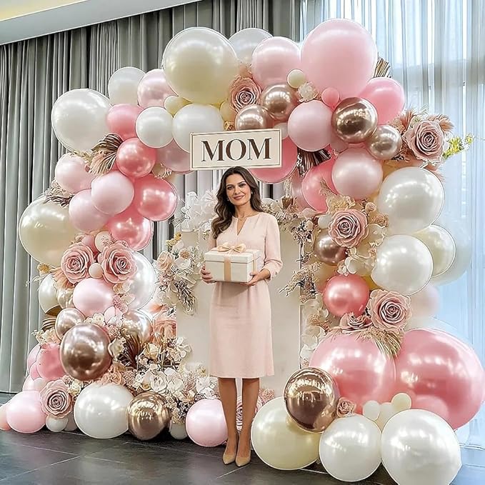 Pink White Balloon Garland Double Stuffed, Pastel Pearl Pink Champagne Gold White Sand Balloon Arch Kit for Mother's Day Birthday Baby Shower Bridal Shower Wedding First Communion Party Decorations