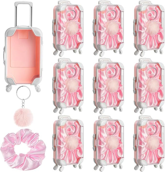 LemonRoad 30 Pcs Mini Suitcase Empty Storage Box and Plush Ball Keychain Candy Luggage Containers Packaging Case for Galentine Bridal Shower Baby Shower Party Favors Travel Gifts (Pink)