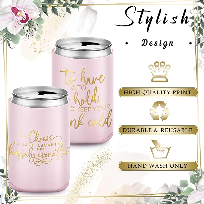 Qinyoung 50 Pieces Pink Rose Wedding Can Cooler Bulk Engagement Party Favors for Guests Cheers to Love Laughter and Happily Ever After Rehearsal Dinner Decorations for Wedding Bridal Party