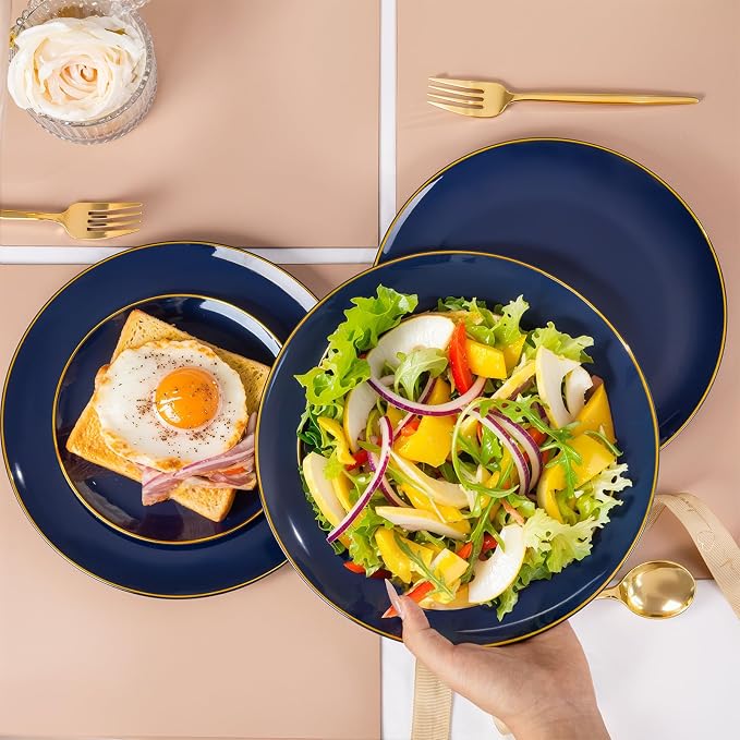bUCLA 100PCS Blue Plastic Plates - Navy Blue Disposable with Gold Rim, Include 50 Each (10 inch Dinner & 7 inch Dessert) Plates, Ideal for Party & 4th of July