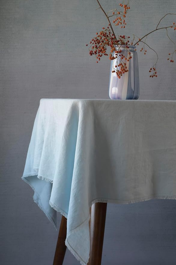 100% Pure Linen Tablecloths with Fringe, 55x55 Inch Light Blue Linen Table Cloth for Wedding, Party, Easter,Thanksgiving, Machine Washable