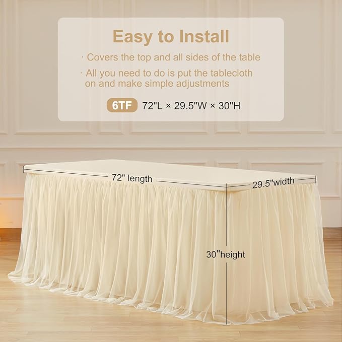 Champagne Tulle Table Cloths for 6 Foot Rectangle Tables, 72" x 30" (6FT-2Pack), Fitted Table Cover with Elastic Stretch Ruffle Tablecloth