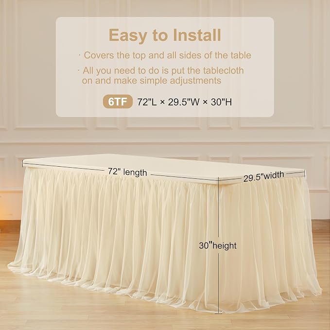 Champagne Tablecloth Rectangle Table Cover for 6 Foot Table, Champagne Tulle Table Skirt Rectangle Table 6ft Stretch Tulle Tablecloth Fitted Elastic Banquet Party Wedding Table Cloth for 6 Foot Table