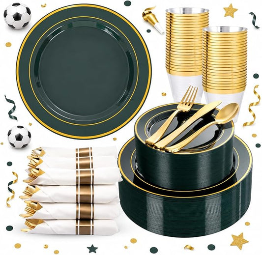 WDF Partyware 350PCS Green and Gold Plates - Green Plastic Plates 50Guests Plastic Plate with Rolled Napkins for Party/Birthday/World Cup 2026