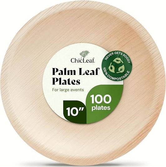Chic Leaf Round Palm Leaf Plates - 10", Pack of 100 - Durable Party Pack - Dinner Eco Friendly Party Supply & Wedding Plates - For Charcuterie Board Accessories dor Dining Events, Dinner Plates