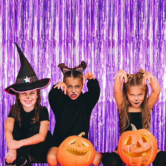 GOER 3.2 ft x 8.2 ft Metallic Tinsel Foil Fringe Curtains Party Photo Backdrop Party Streamers for Halloween Birthday,Graduation,New Year Eve Decorations (4 Packs,Purple)