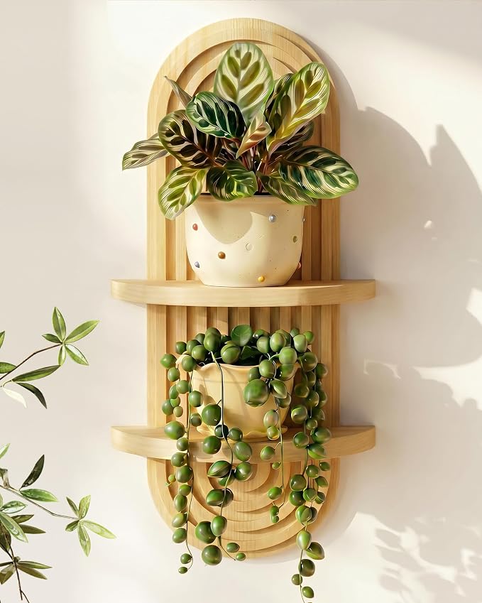 Bamworld Boho Wall Decor Plant Wall Shelf Mid Century Modern Decor Hanging 22in Plant Shelf 2-Tier Wooden Floating Shelves Natural