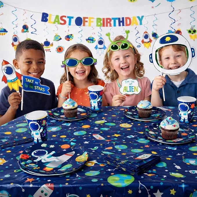 Serves 30 Complete Party Pack Outer Space Party Theme 9" Dinner Plates 7" Plates 30 Cups 2 Table Cover 30 Napkins 30 Beverage Napkins Blast off Birthday Banner 14 Swirls 12 Photo Props Space Birthday