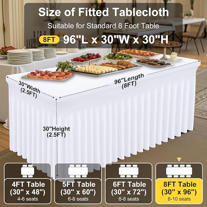 Smiry Spandex Tablecloth, Elastic Fitted Stretch Tablecloth for 8FT Rectangle Tables, Waterproof Washable Table Cover Skirt for Outdoor, Wedding, Banquet & Parties (White, 96Lx30Wx30H Inch)