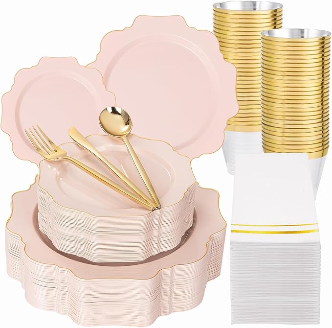WDF 350Pcs Pink Plastic Plates - Pink and Gold Disposable Plates 50Guest Plastic Dinnerware for Baby Shower/Birthday/Wedding/Spring/Mother's Day