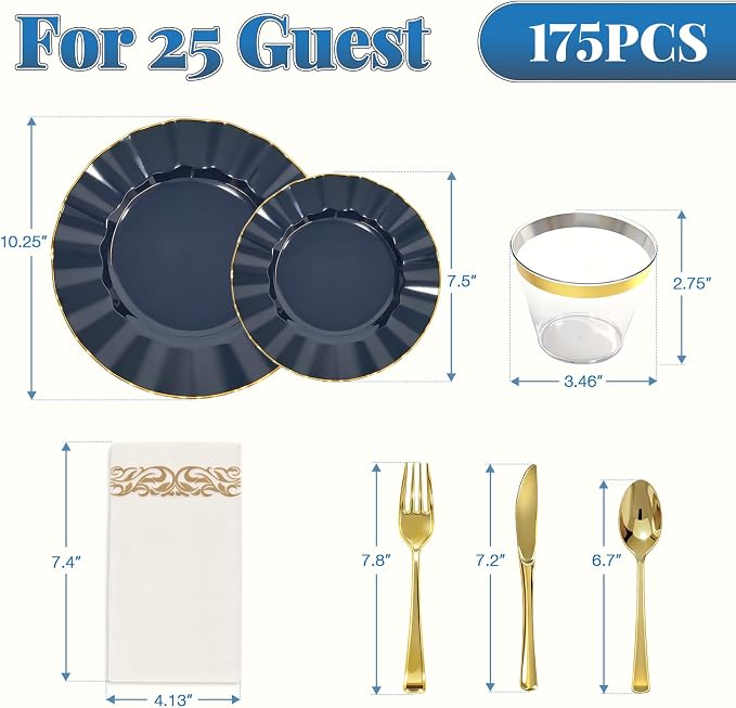 Glowserve 175 Piece Disposable Plastic Plates Dinnerware Set for 25 Guests | 50 Plastic Plates,25 Silverware Set,25 Cups and Napkins,Party Wedding Birthday,Family Gathering,Fancy Plastic Plates