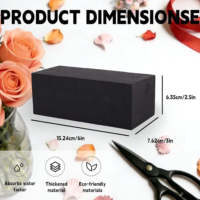 12 Pack Black Floral Foam Blocks, 6"x3"x2.5" Reusable & Water Absorbent Wet Foam for Artificial Silk Flowers, Wedding, Home Decor & Outdoor Planters