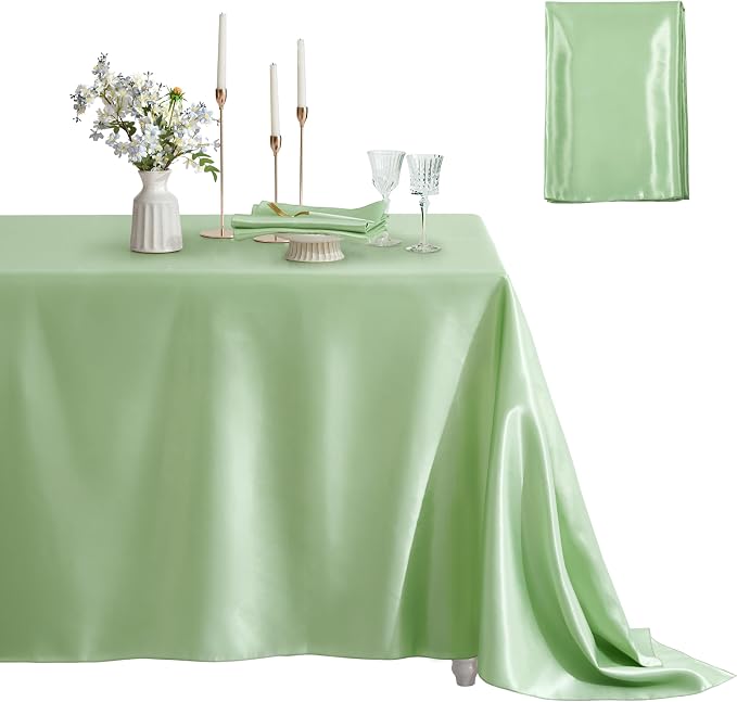 1 Pack Satin Table Cover Rectangle Silkly Soft Table Cloth, Satin Dining Table Cloths for Wedding Banquet Table Decoration, Dining Room, Indoor and Outdoor Use, 60 x 84 Inches, Sage Green