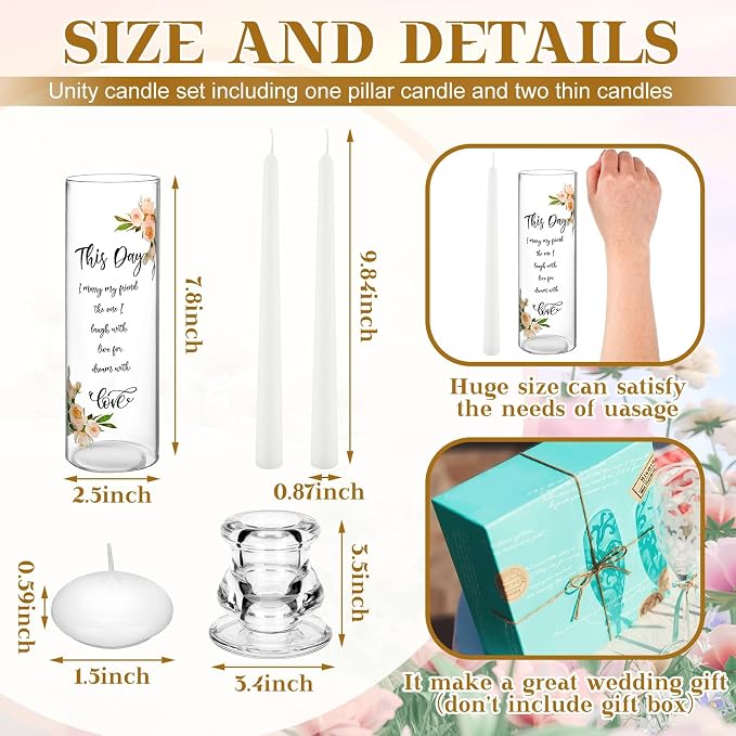 Irenare Unity Candles with Holder for Wedding Ceremony Wedding Decortions Accessories Glass Candle Holder Pillar Candle for Formal Events Church(Fresh Style)