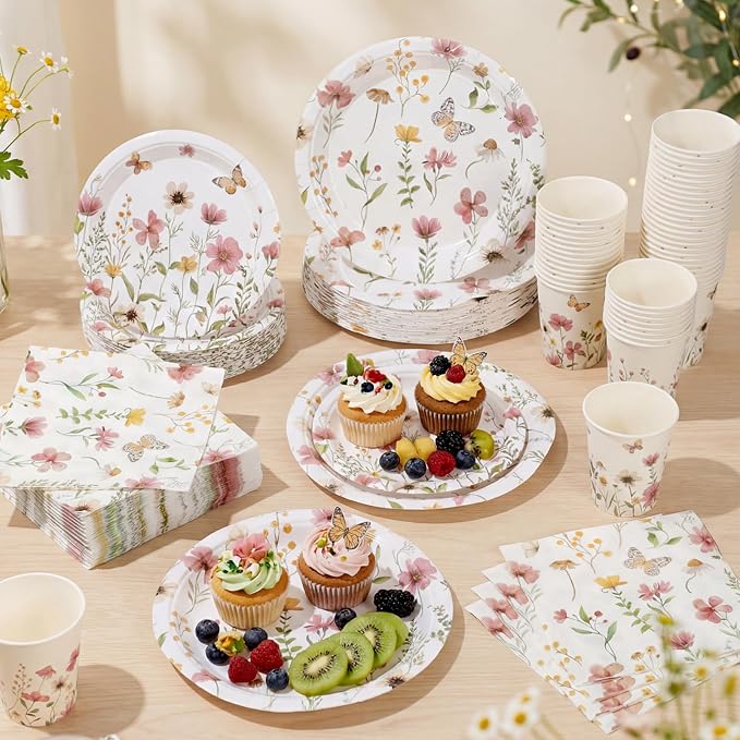 Ziliny 250 Pcs Wildflower Party Decorations Include Spring Summer Floral Paper Plates Napkins and Cups for Wildflower Baby Shower Tea Decorations, Serve 50 Guest (Boho, Pink Flower Style)
