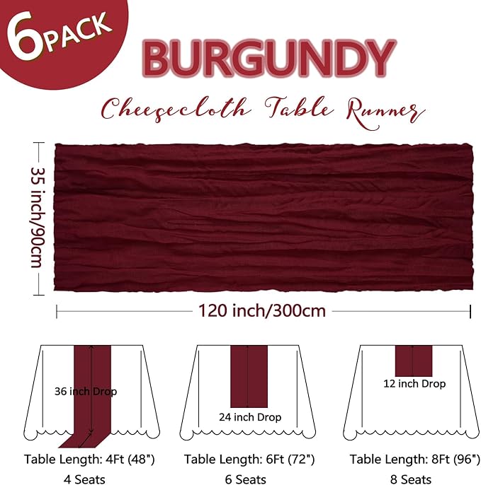 6 Pack Burgundy Cheesecloth Table Runner 10Ft Gauze Red Cheese Cloth Runner 35x120 Inch Boho Rustic Fabric for Holiday Party Decor Baby Shower Wedding Decorations