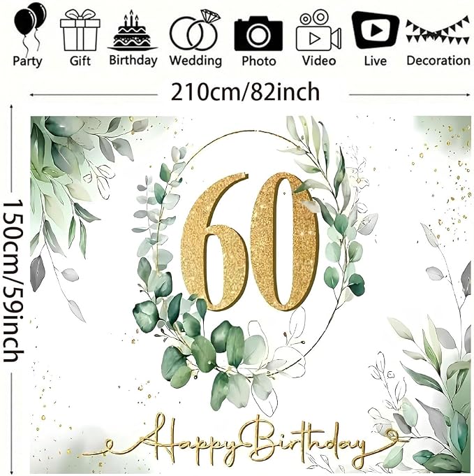 Happy 60th Birthday Backdrop Gold 60th Sign Design Eucalyptus Olive Green Birthday Decorations Gold Dots Greenery Succulent Background for Women Men Birthday Supplies(C, 7X5FT)