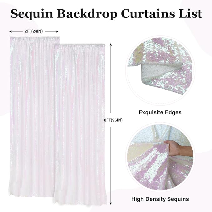 PartyDelight Iridescent White Sequin Backdrop Curtains 2x8ft 2 Panels | Iridescent white 3mm sequins show pink and purple tones under light with 4 inch rod pocket for doors windows and photo booths