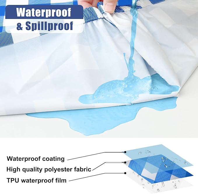 Smiry Picnic Table Cloth 6 Pack, Waterproof Elastic Fitted Tablecloths for 4FT Rectangle Tables, Washable Polyester Buffalo Plaid Tablecloth for Camping, Dining & Outdoor (Blue & White, 30" x 48")