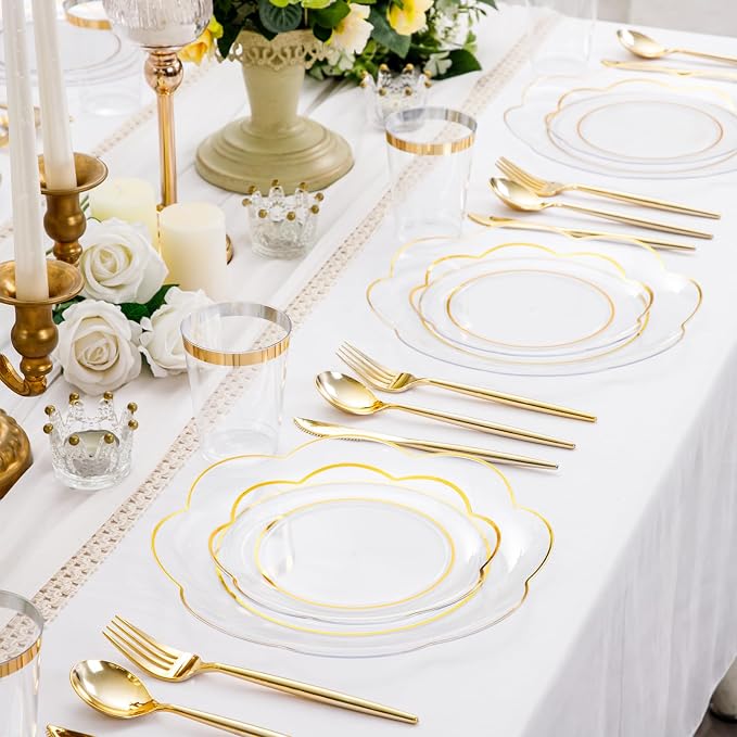 ejonirinjonir EI 180pcs Clear Plastic Plates with Gold Plastic Silverware, Plate for Party,Clear Dinnerware Set,Heavy Duty Plate for Wedding,Afternoon Tea,Spring,Mother's Day,Valentine's Day,Easter
