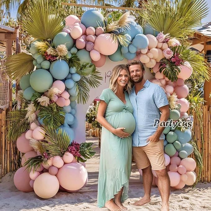 Pink Blue Green Balloon Arch Double Stuffed Dusty Green Pastel Blue Blush Mauve Latex Balloon Garland Kit for Boho Baby Shower Gender Reveal Floral Birthday Tea Party Decoration