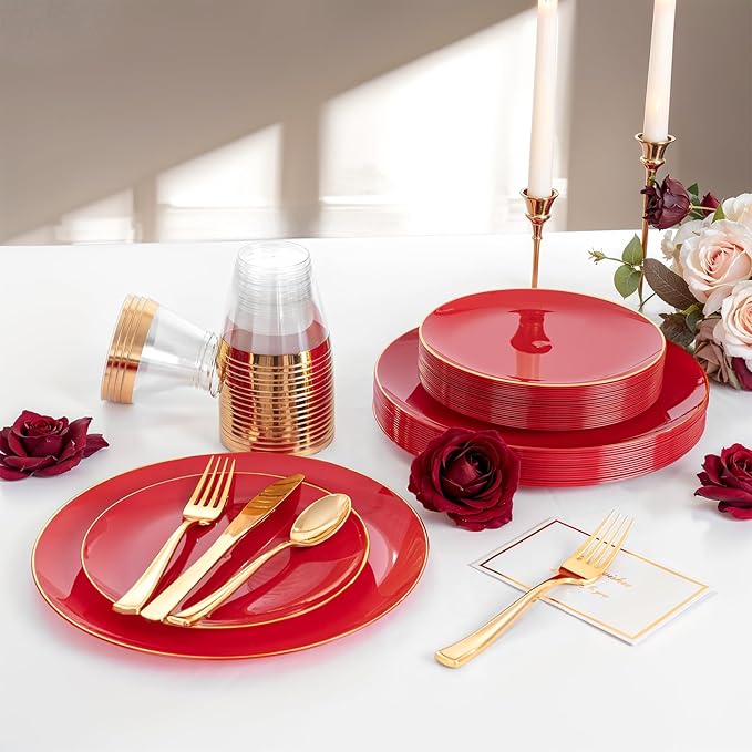 NOCCUR 350PCS Red Plastic Plates - Disposable Red Gold Dinnerware Set for 50 Guests, 100 Dinner/Dessert Plates, 150 Gold Silverware, 50 Cups&50 Napkins for Party/Wedding/Mother's Day