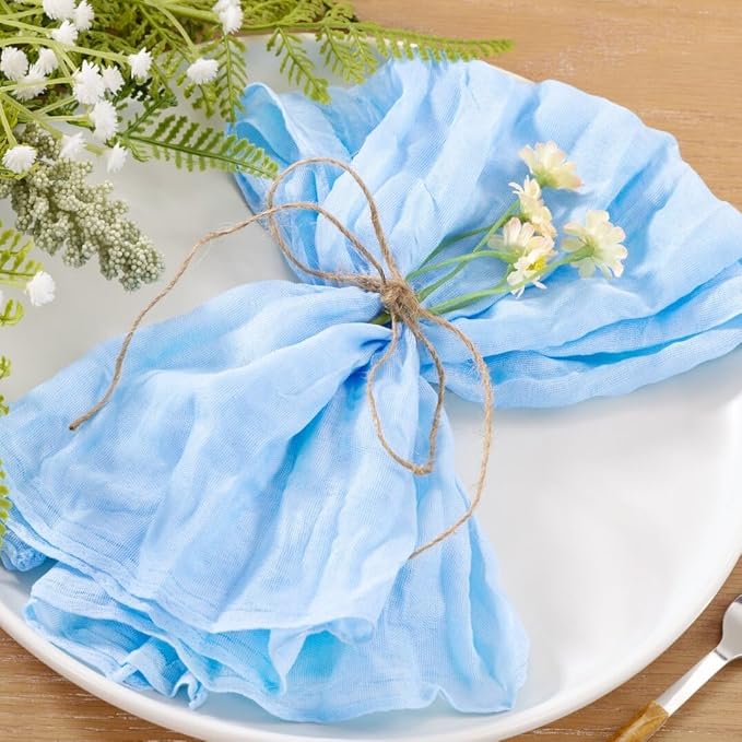 25pcs Sky Blue Cheesecloth Napkins Spring Washable Boho Rustic Gauze Table Cloth Napkins Bulk 21x21 Inches for Wedding Party Bridal Baby Shower Birthday Table Decor