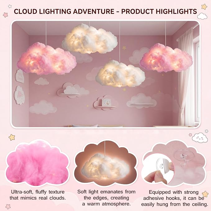 Lewtemi 8 Pcs Artificial Cloud Props with Lights 3D Fluffy Cotton Clouds Decorations 2 Sizes Hanging Clouds with Strings Hooks for Ceiling Room Wedding Party Classroom DIY Kit (White and Pink)