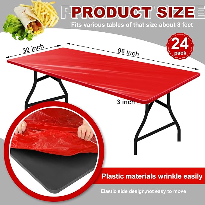 Boao 24 Pcs Summer Plastic Table Cloth Rectangle Picnic Table Covers Elastic Fitted Tablecloth, Disposable Waterproof for Camping, Indoor, Outdoor(Red,8 Ft, 96 x 30 Inch)
