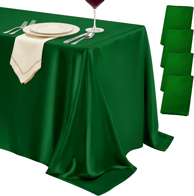 4 Pack Dark Green Satin Tablecloth 58 x 102 Inches, Rectangular Satin Table Cloths for Wedding Reception, Birthday Party, Graduation & Holiday Banquet Tables