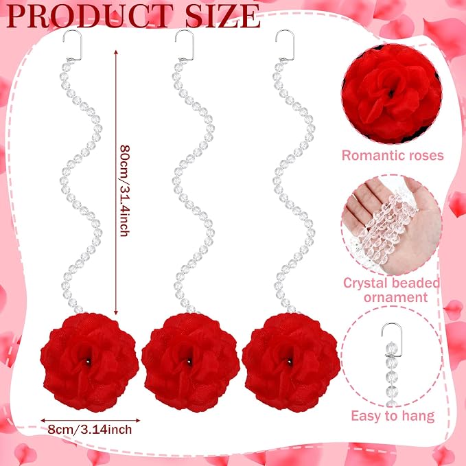 Norme 16pcs 31.4 Inch Red Rose Hanging Garland Crystal Beaded String Garland Artificial Rose Flower Decor for Mother's Day Ceiling Wedding Engagement Bridal Shower Party Decorations