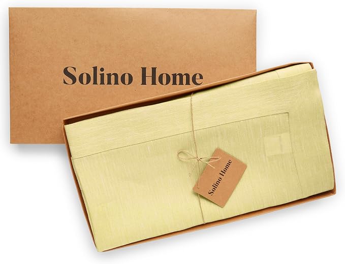 Solino Home Linen Tablecloth 60 x 90 Inch - 100% Pure Linen Chambray Yellow Table Cloth for Rectangular Tables - Athena, Machine Washable Cloth Tablecloth for Summer