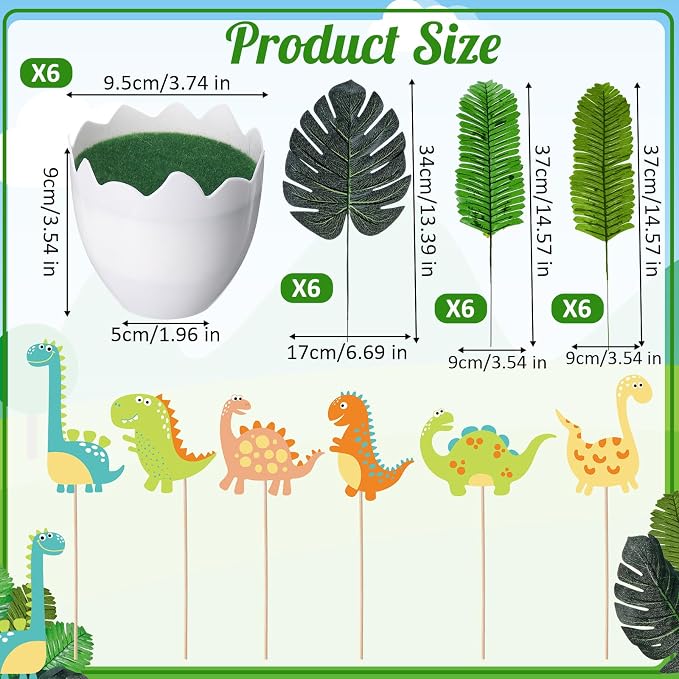 Suncalla 6 Set Dinosaur Party Table Centerpiece Decoration Dinosaur Themed Stick Set Include Vase Stick Artificial Leaves Jungle Animal Theme Table Topper for Baby Shower Birthday(Eggshell,Plastic)