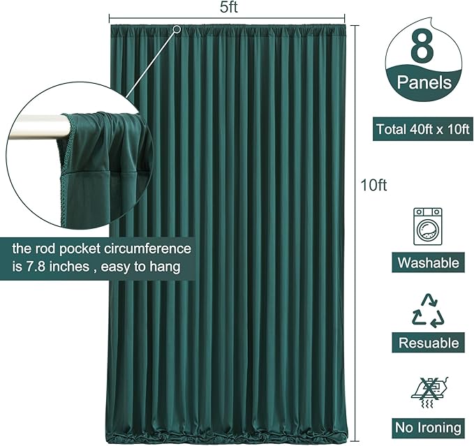 40ft x 10ft Hunter Green Backdrop Curtain for Parties Dark Green Wrinkle Free Backdrop Drapes Panels for Baby Shower Birthday Party Photo Photography Polyester Fabric Background Decoration