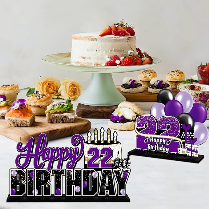 LINGTEER Happy 22nd Birthday Purple Acrylic Table Topper Centerpieces Set - Cheers to 22 Years Old Birthday 22nd Bday Party Gift Decorations.