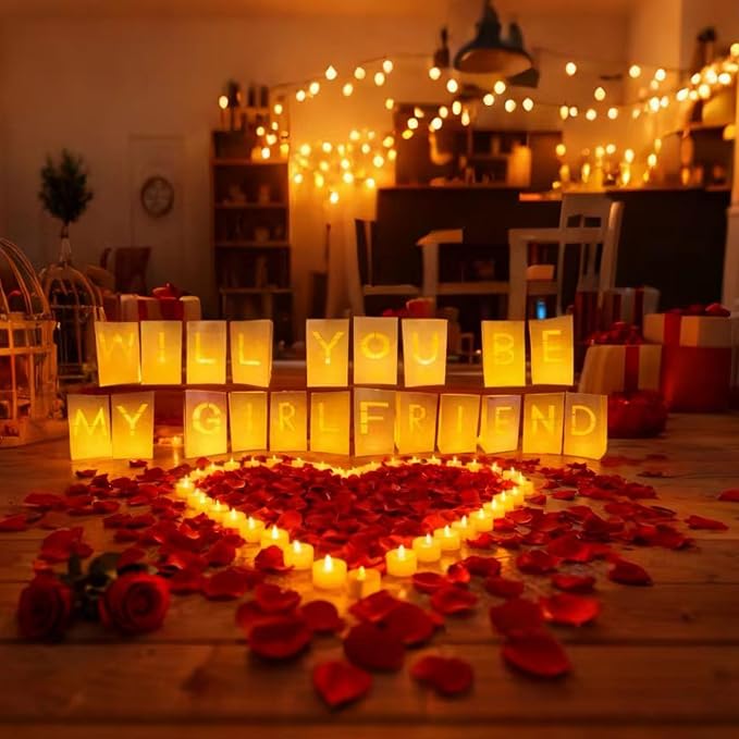 Will You Be My Girlfriend Light Up Letters Proposal Decorations with Luminary Paper Bags,Led Tea Candles,Red Rose Petals for Romantic Night,Valentines Day,Engagement Party,Proposals