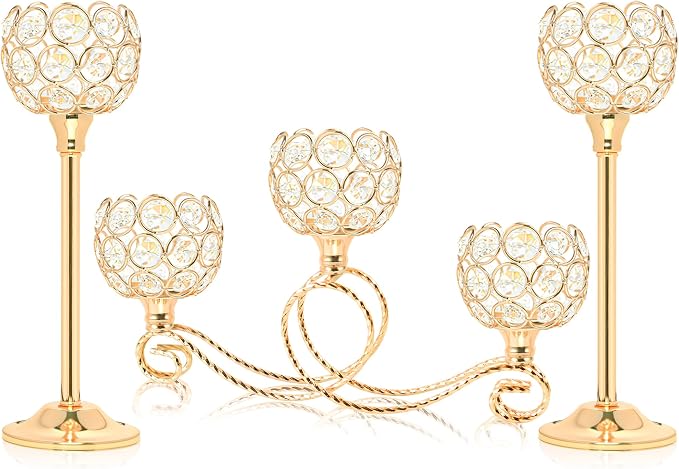 Gold 5 Arm Metal Crystal Tea Light Candle Holder, Elegant Wedding Table Centerpiece, Christmas Wishing Bowl Candle Holder