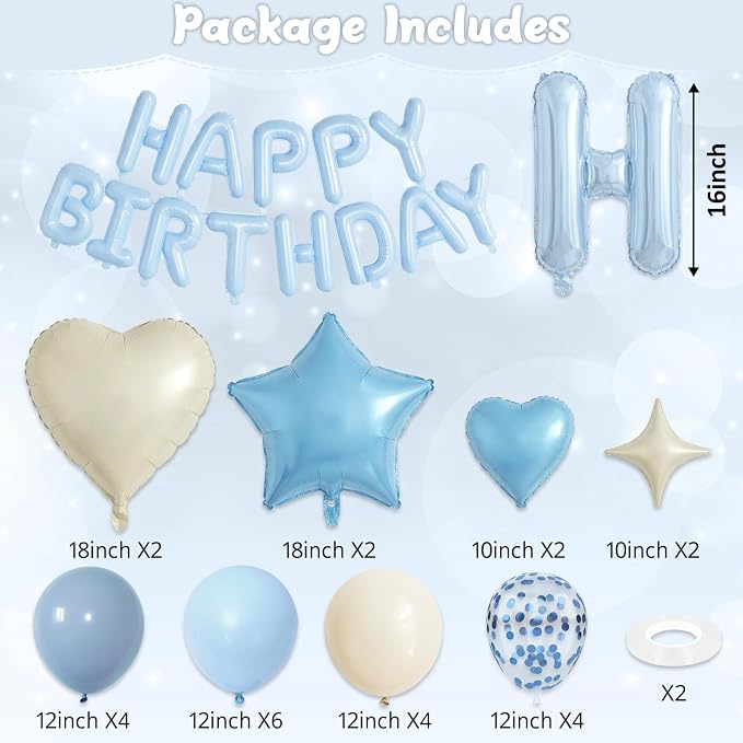 Dusty Blue Birthday Decorations for Boys Fog Baby Light Baby Blue Sand White Balloons Confetti Party Balloon Happy Birthday Banner Heart Balloons 18/10 Inch Star Balloon for Men Bday Party Supplies