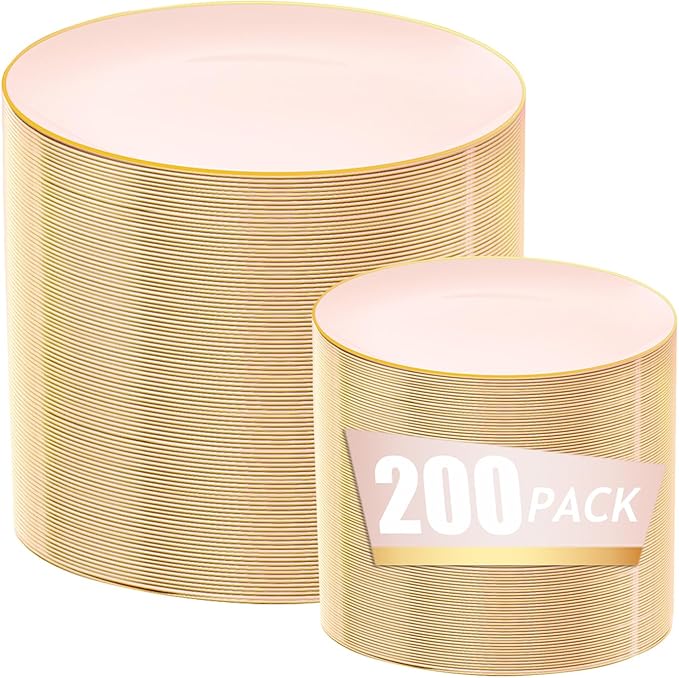 bUCLA 200PCS Pink Plastic Plates - Heavy Duty Pink Disposable with Gold Rim - Include 100 Each (10 inch Dinner & 7 inch Dessert) Plates, Ideal for Party & Wedding