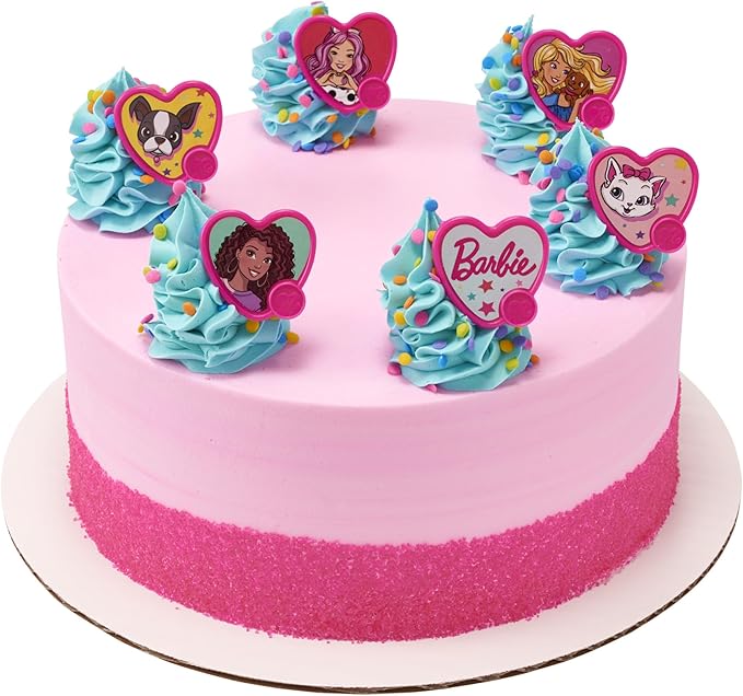 DecoPac Barbie Be The Future Rings, Pink Heart Shaped Cupcake Decorations Featuring Barbie and her Friends For Birthday Party And Celebrations - 24 Pack